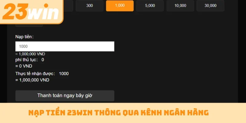 Nạp tiền 23WIN thông qua kênh ngân hàng